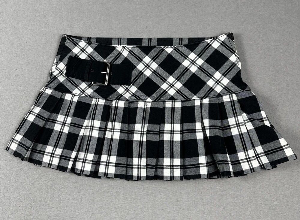 Plaid Pleated Mini Skirt Low Rise Buckle Sz L Y2K Emo Coquette Grunge Schoolgirl